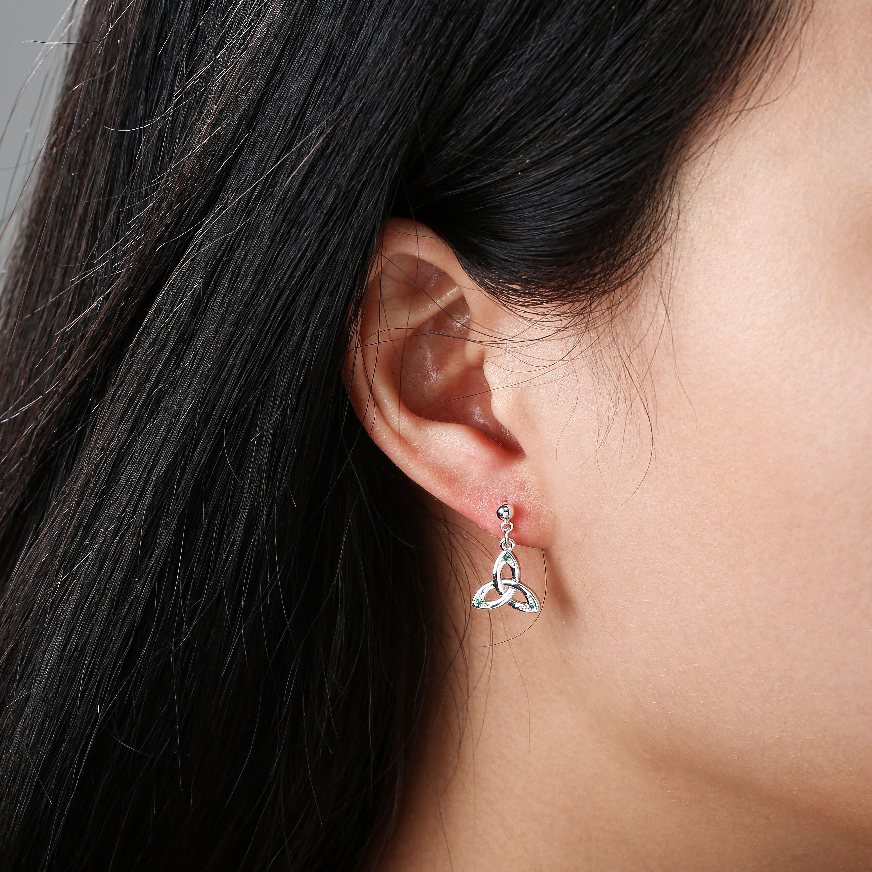 Grá Collection Silver Plated Trinity Knot With Mini Green Cubic Zirconia Stones Earrings