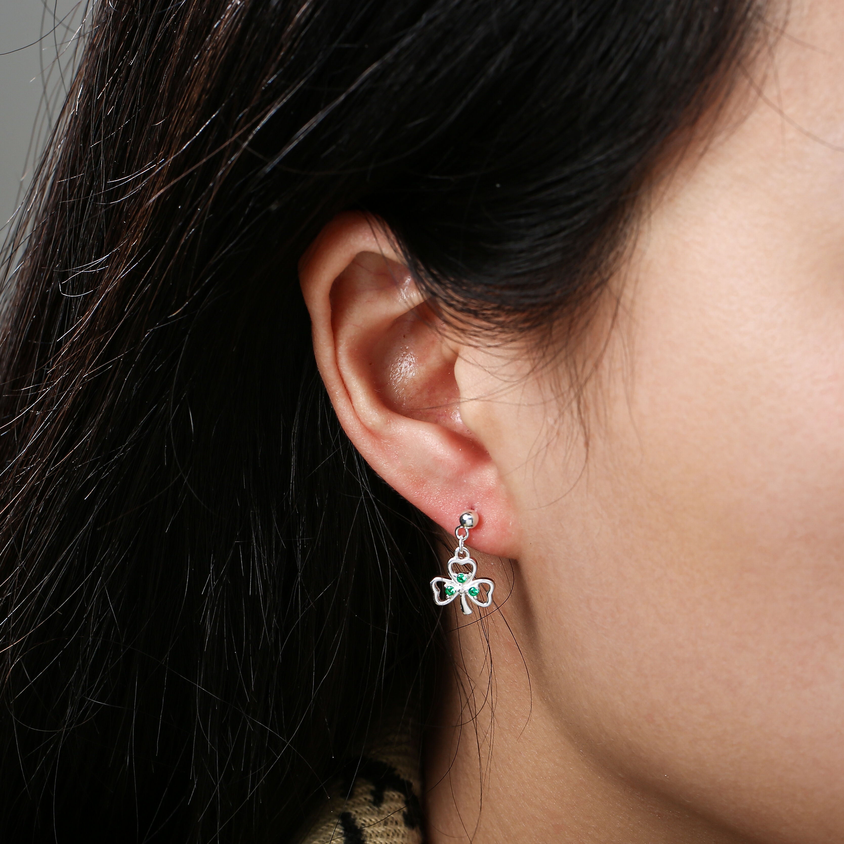 Grá Collection Silver Plated Shamrock With 3 Mini Green Cubic Zirconia Stones Earrings