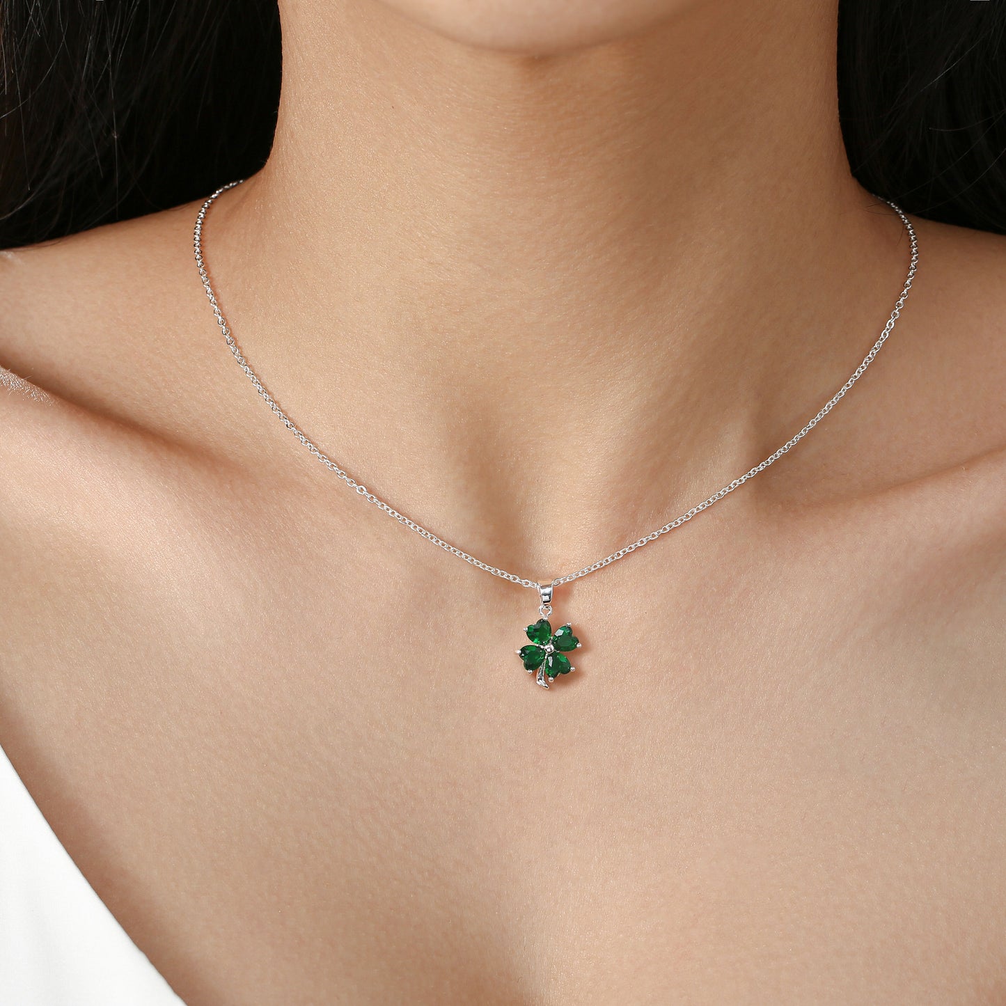 Grá Collection Silver Plated 4 Green Cubic Zirconia Stones Clover Necklace