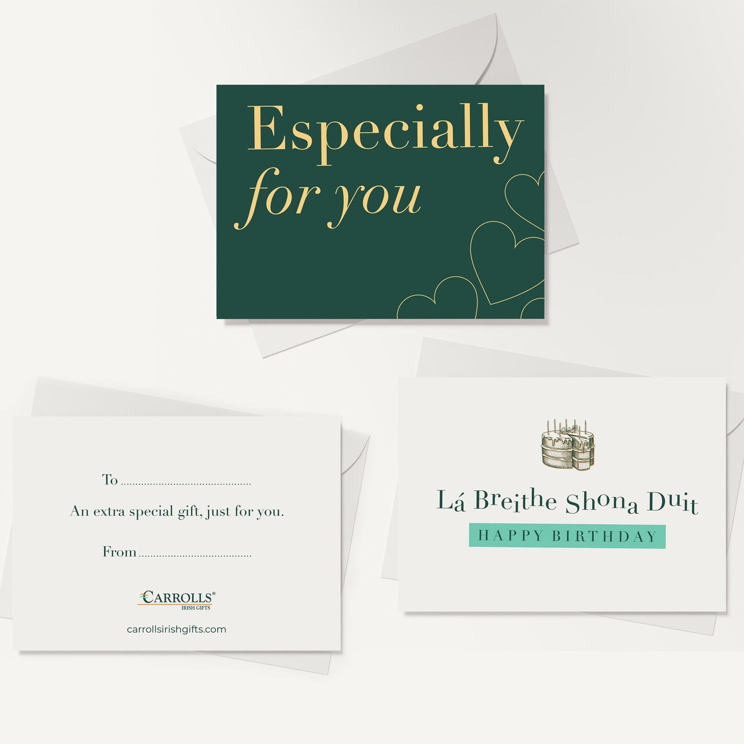 Three greeting cards with birthday and special gift messages and envelopes