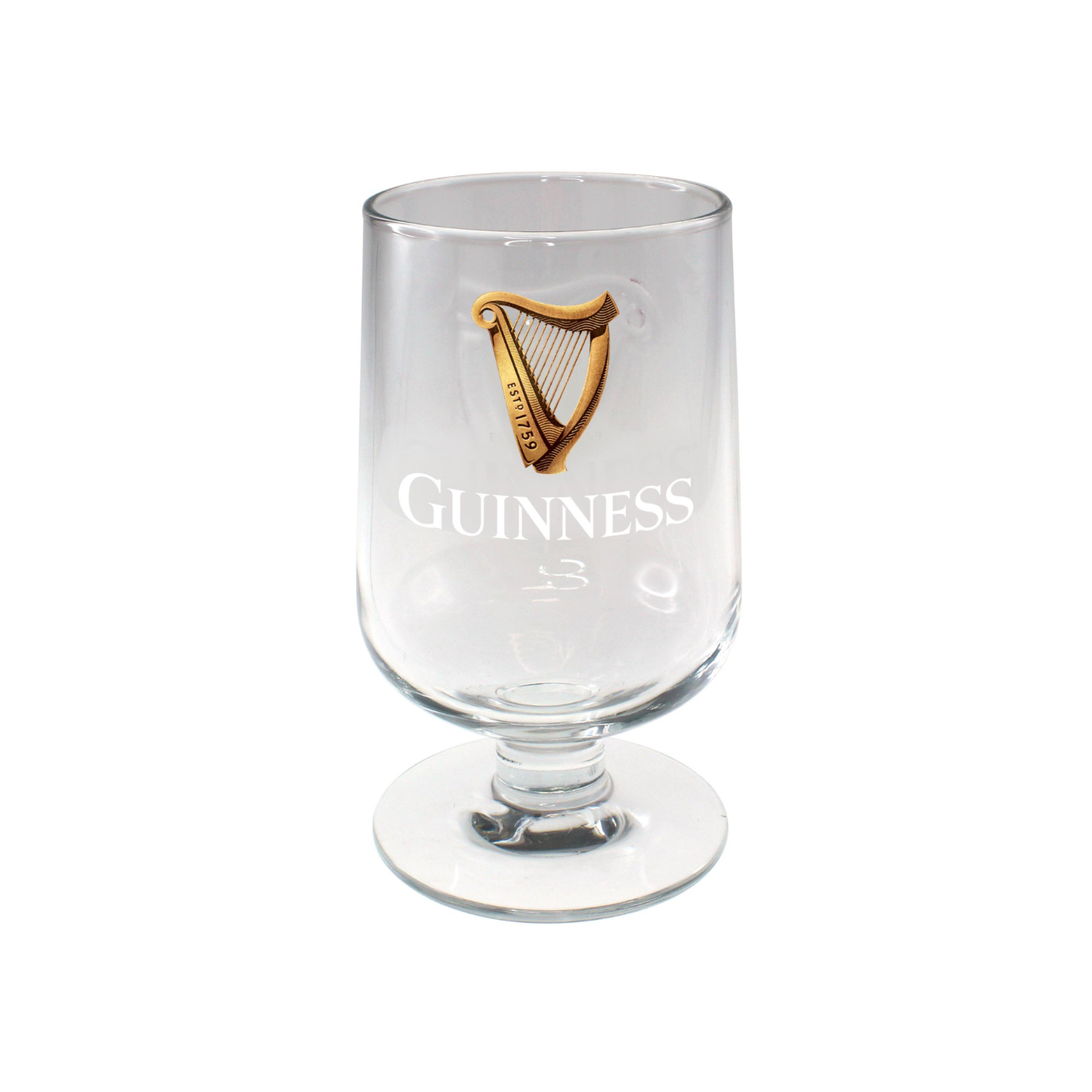 Guinness Victoria stem glass with embossed gold harp logo