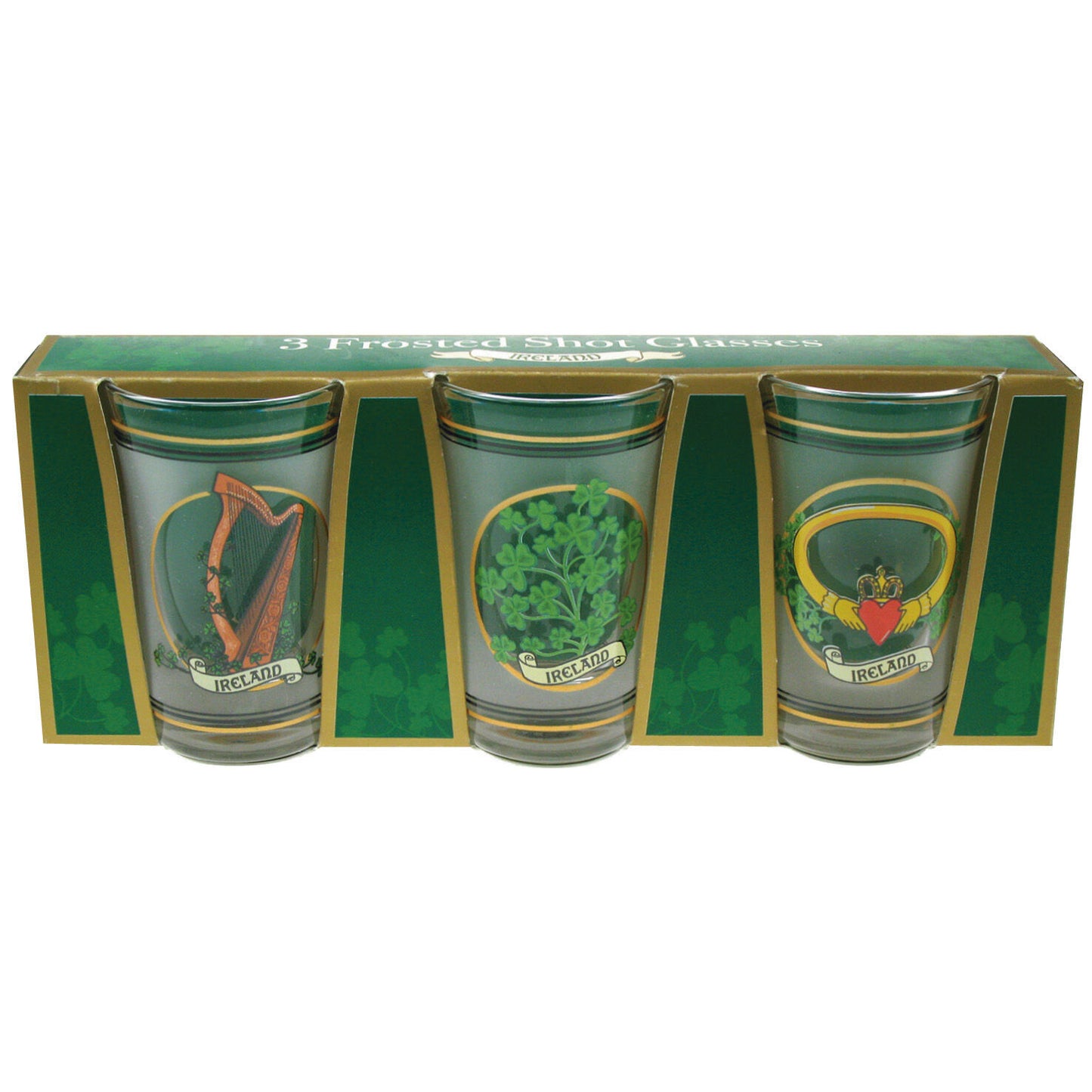 Three Pack Shot Glasses With Harp Shamrock & Claddagh Prints