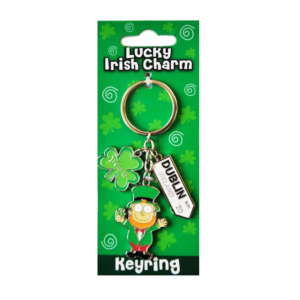 Irish Leprechaun Style Charm With Dublin Road Sign Keyring