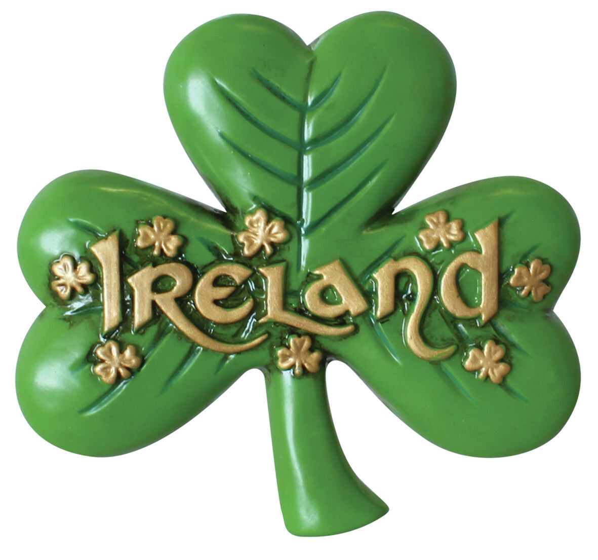 Antique Magnet Of Large Shamrock & Gold Ireland Text & Small Shamrock Design