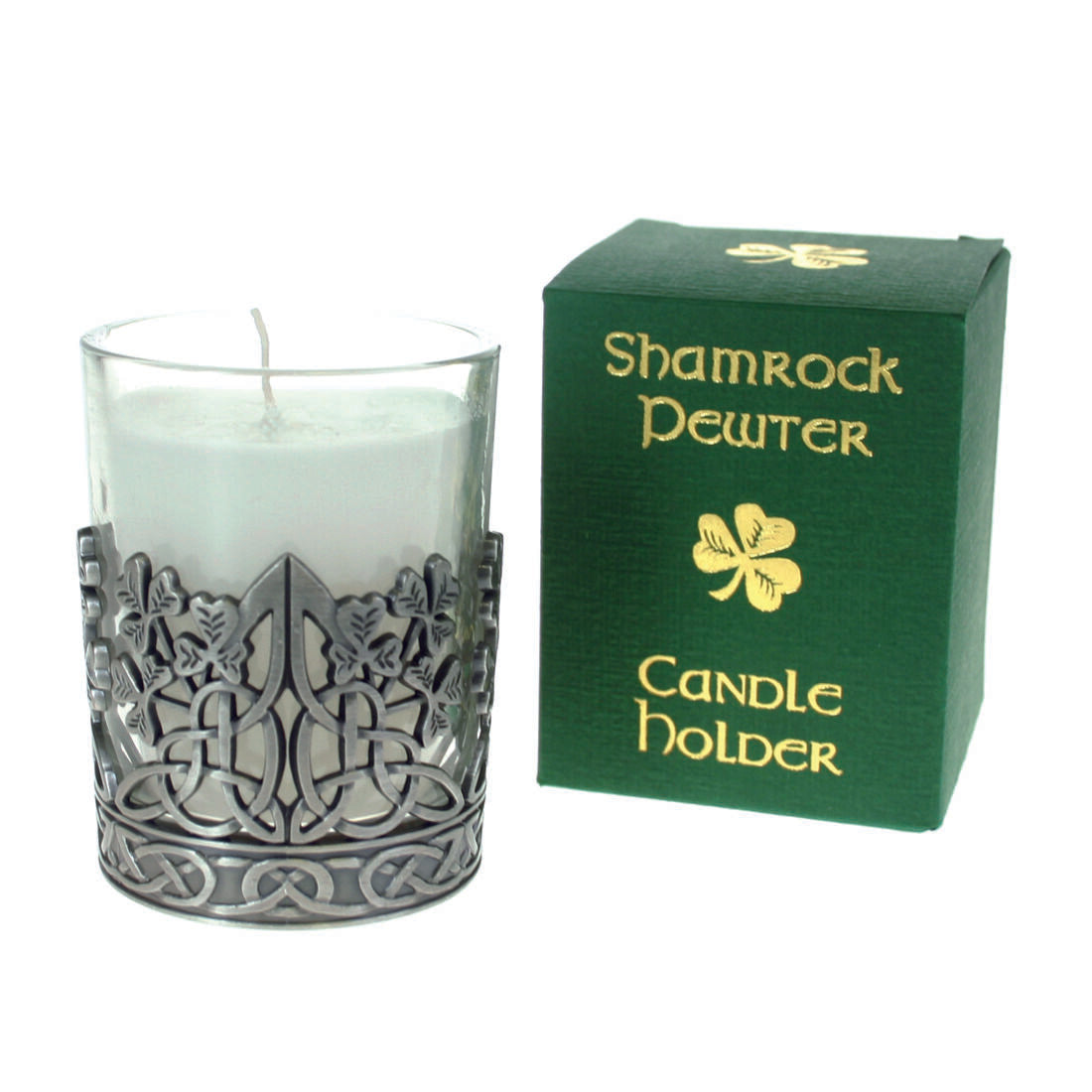 Pewter Shamrock Designed Candle Holder With Vanilla Scented Candle