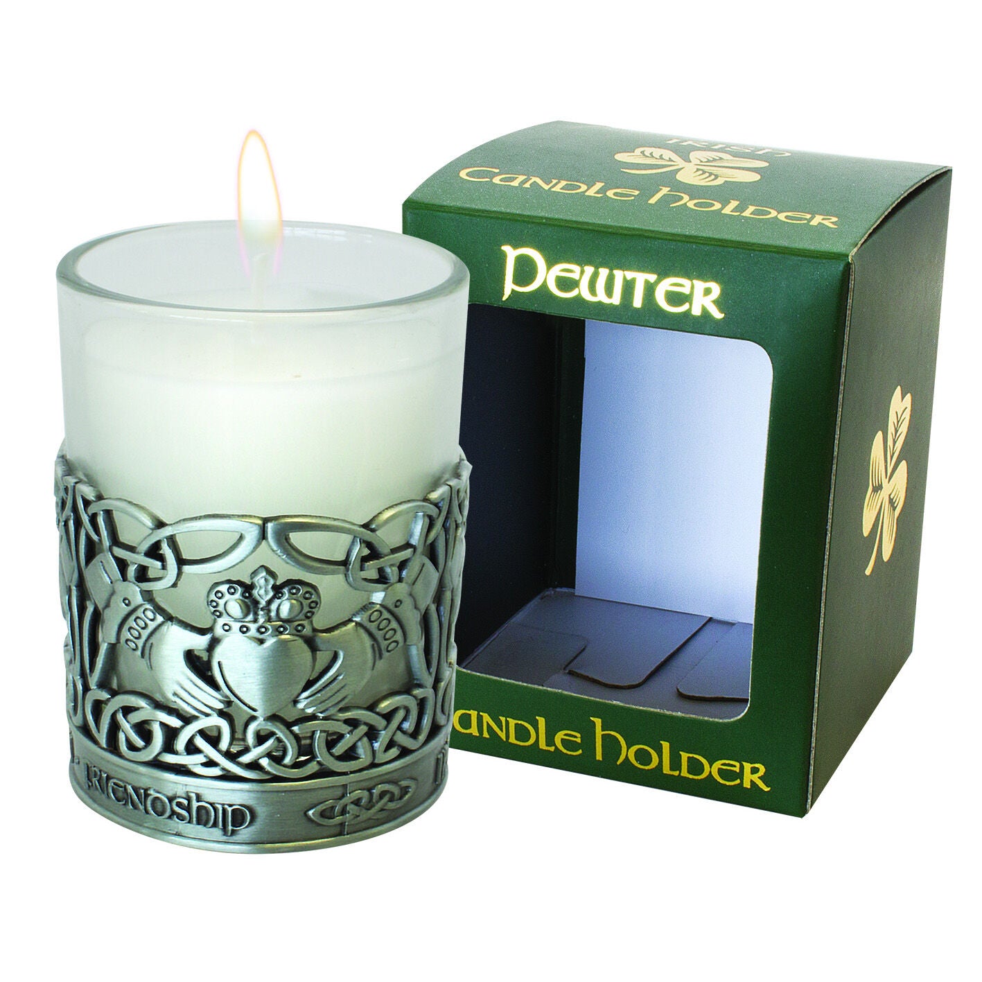 Pewter Claddagh Designed Candle Holder With Vanilla Scented Candle
