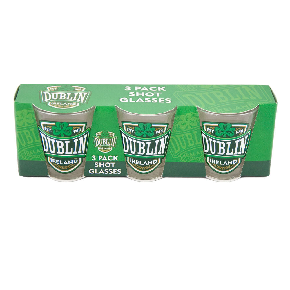 3 Pack Shot Glasses With Dublin Ireland & Green Shamrock Design