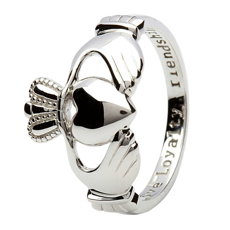 Platinum Plated Claddagh Ring With Love Loyalty & Friendship Engraved Text