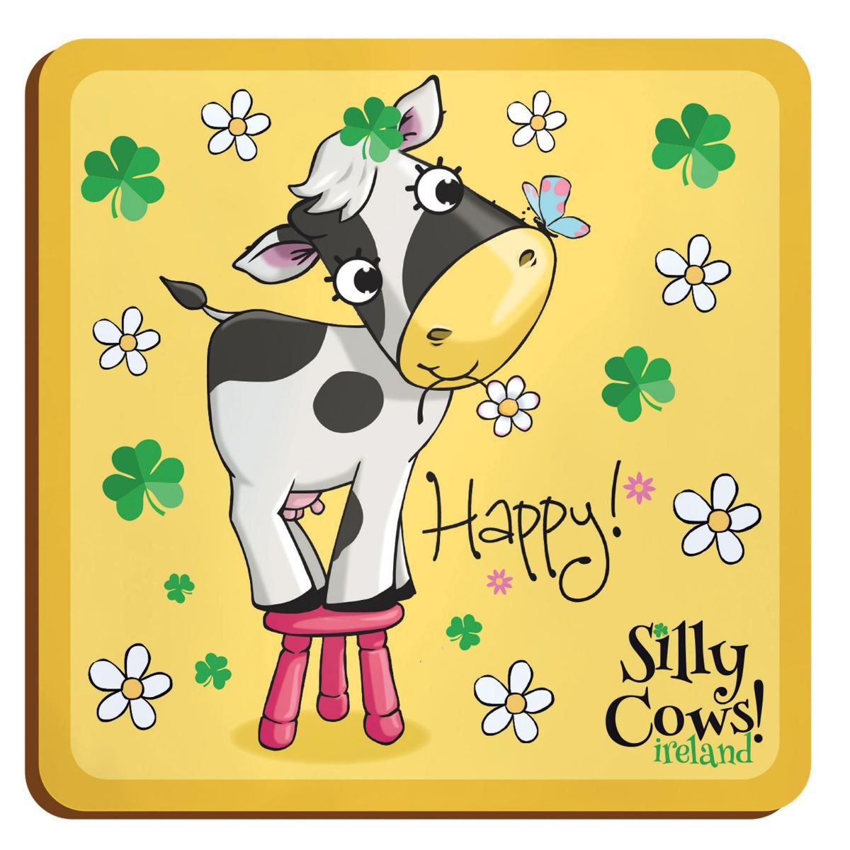 Cartoon cow with clover on head sitting on pink stool with butterfly