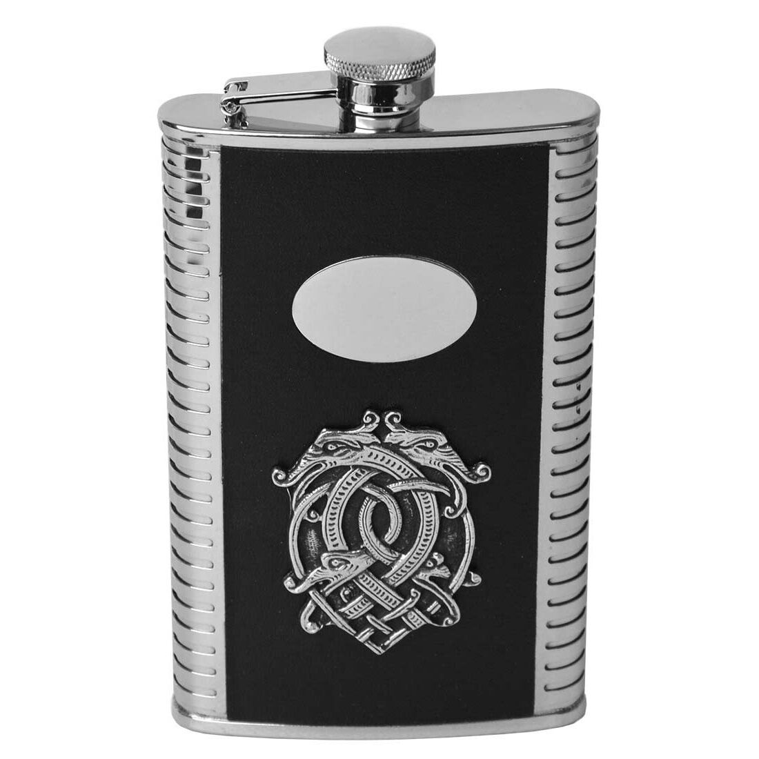 Mullingar Pewter 9oz Stainless Steel Black Leather Hip Flask With Celtic Design