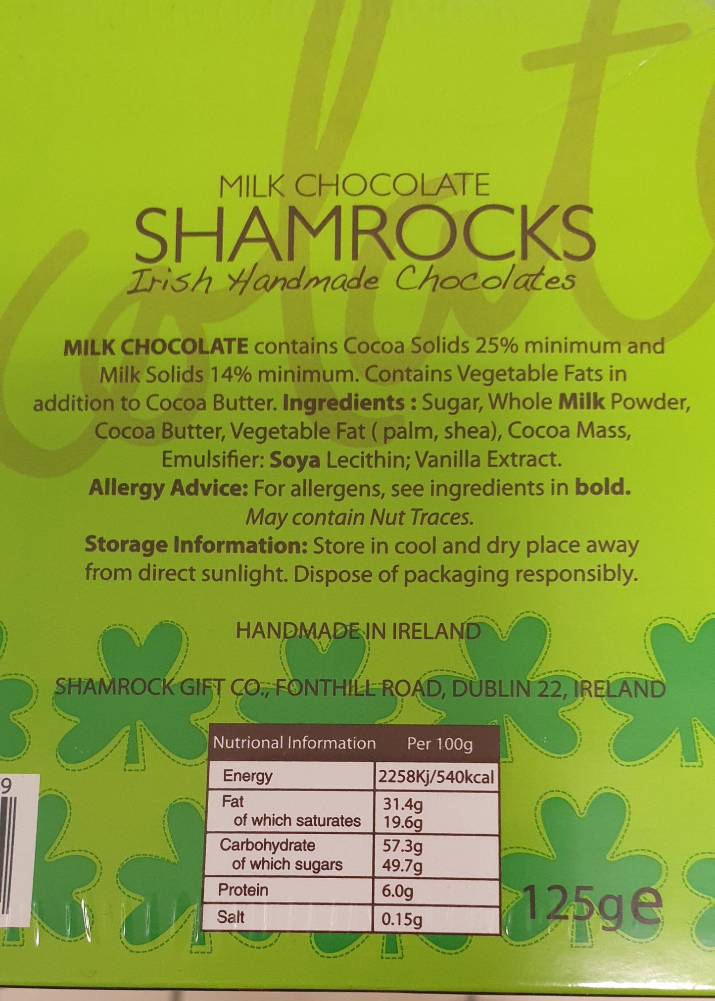 Milk chocolate shamrocks packaging with ingredients and nutritional information