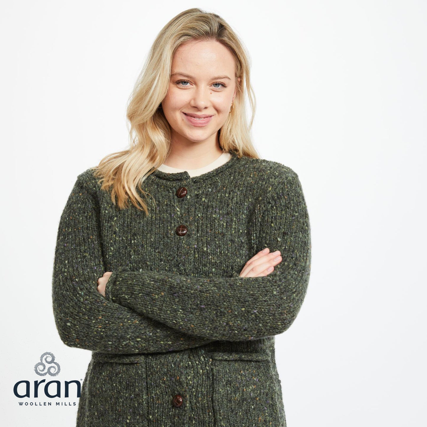Ladies Donegal Tweed Aran Green Cardigan