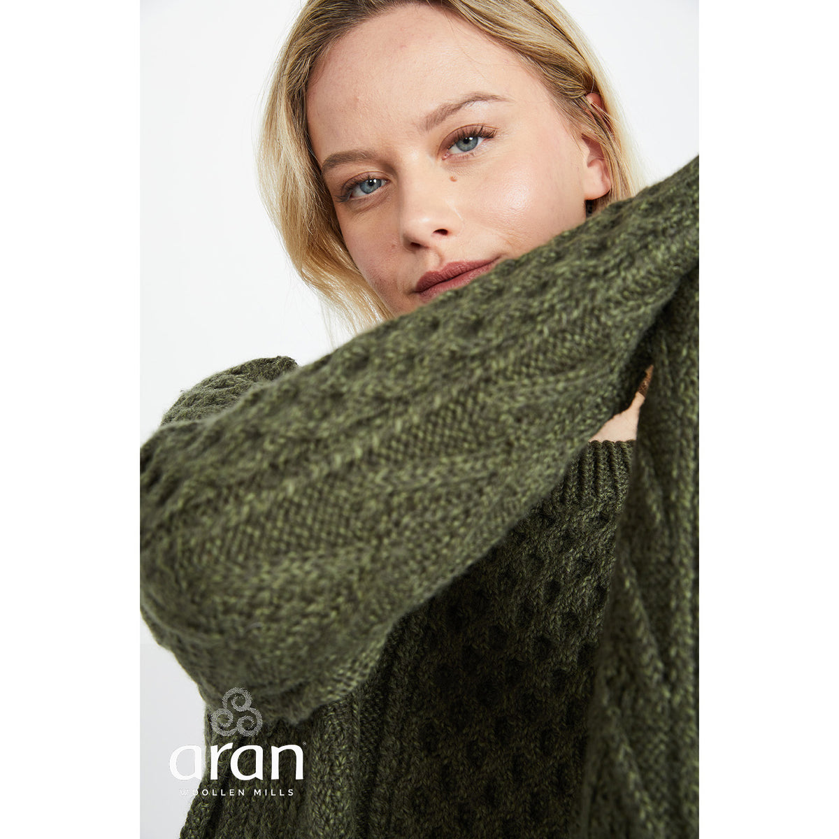 Unisex Green Honeycomb Crew Neck Aran Sweater