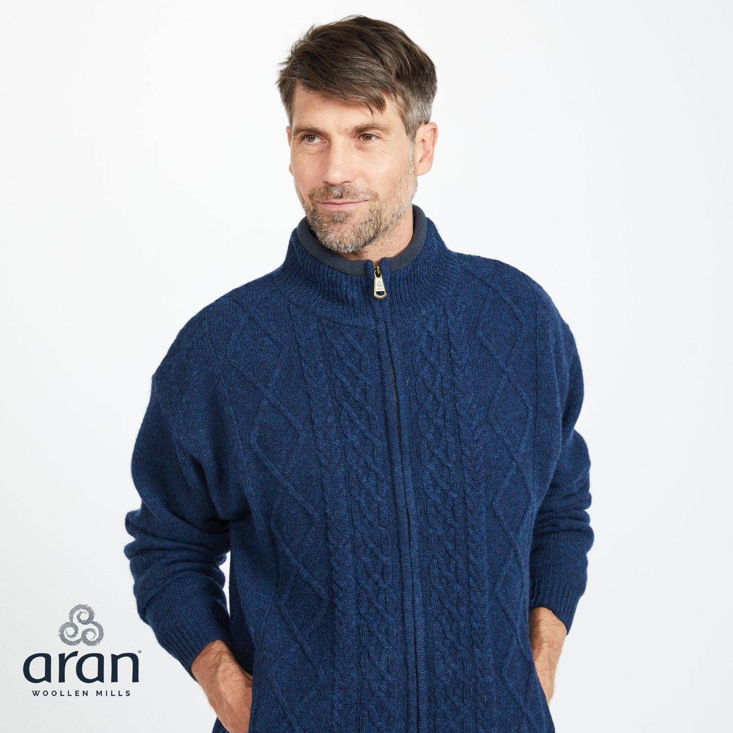 Men's Lined Shetland Wool Zipper Navy Cardigan