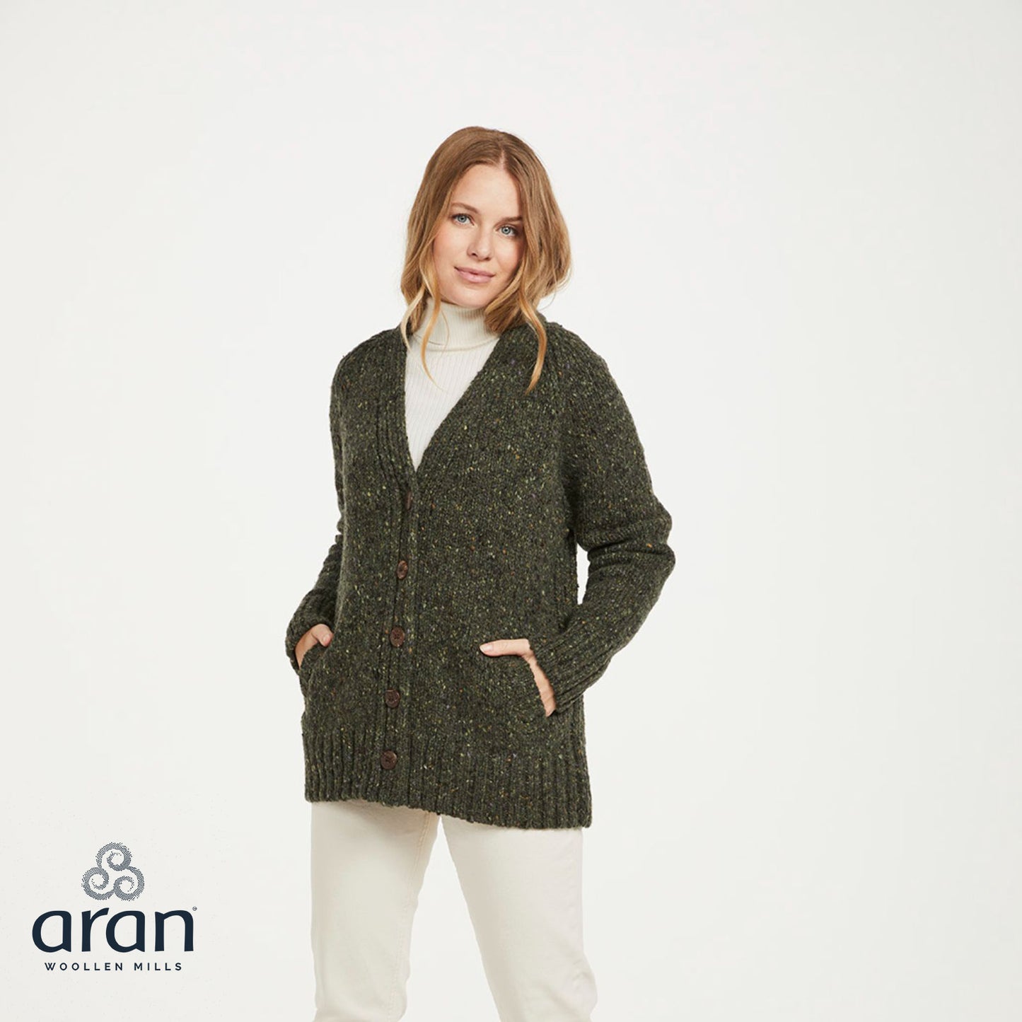 Ladies Donegal Cardigan with Side Pocket Green