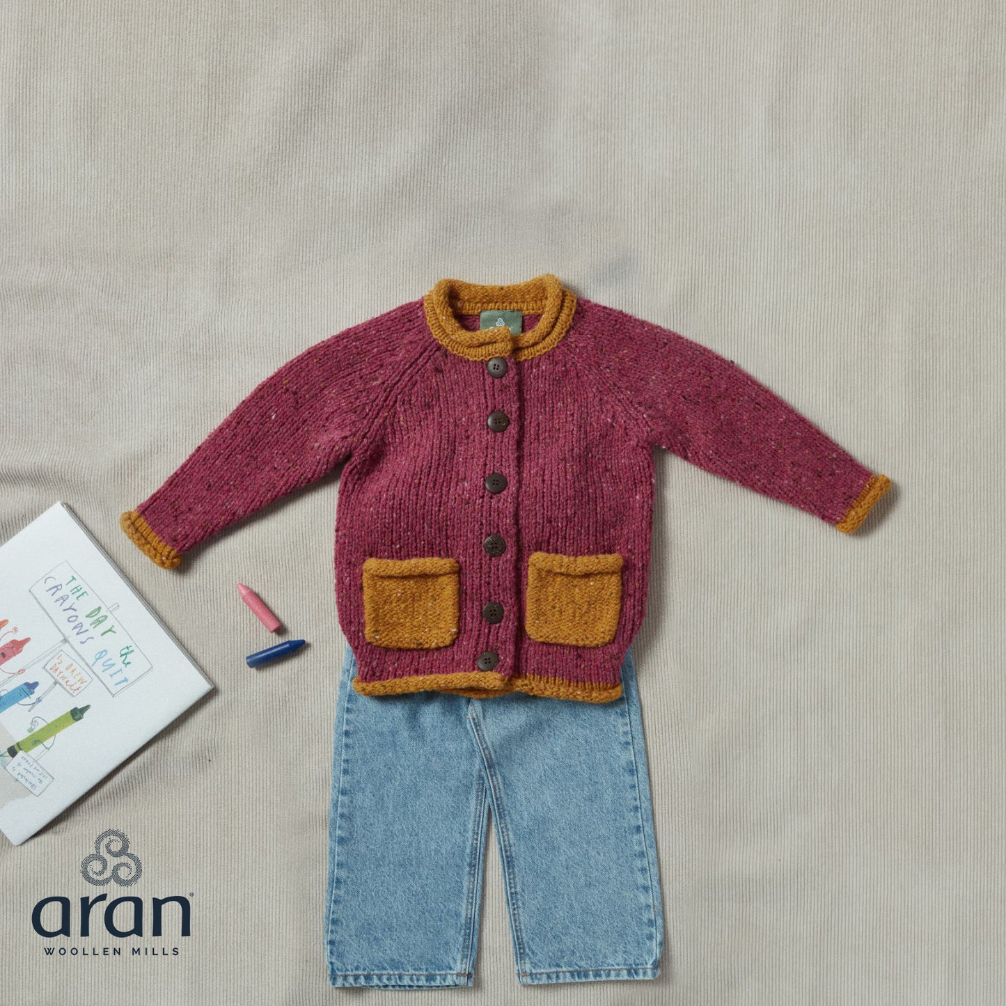 Childrens Woollen Roll Neck Cardigan Pink and Orange