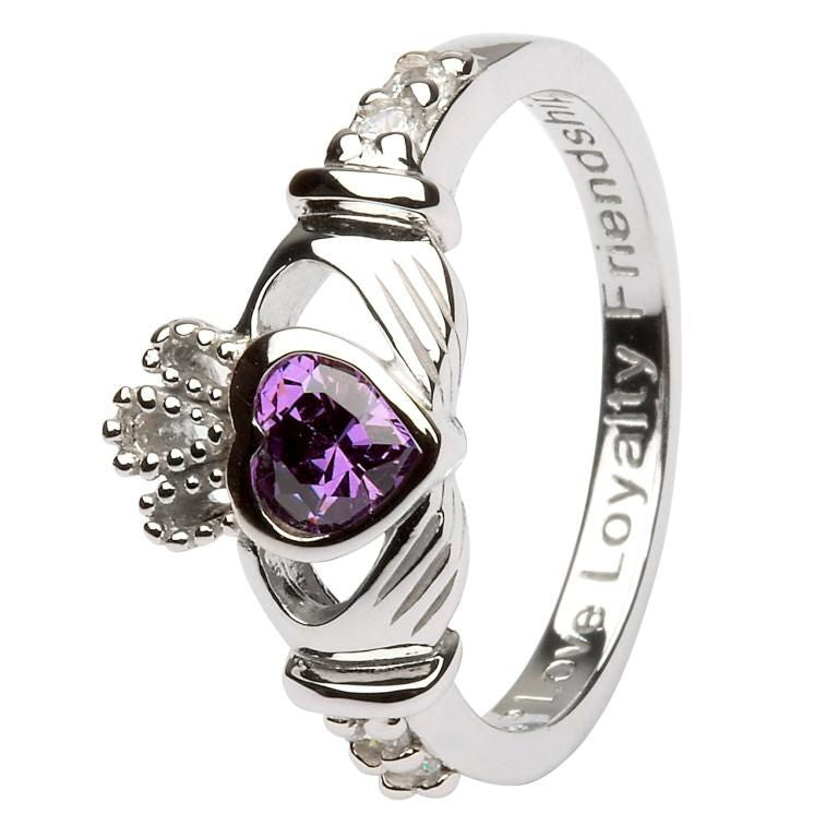 Platinum Plated Claddagh February Birthstone Ring