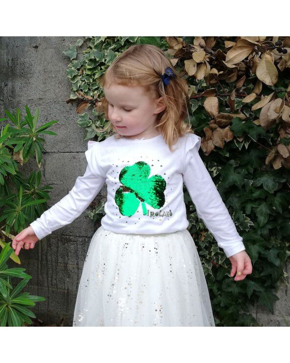 Girls Shamrock Ireland Green Sequin White Long Sleeve T-Shirt