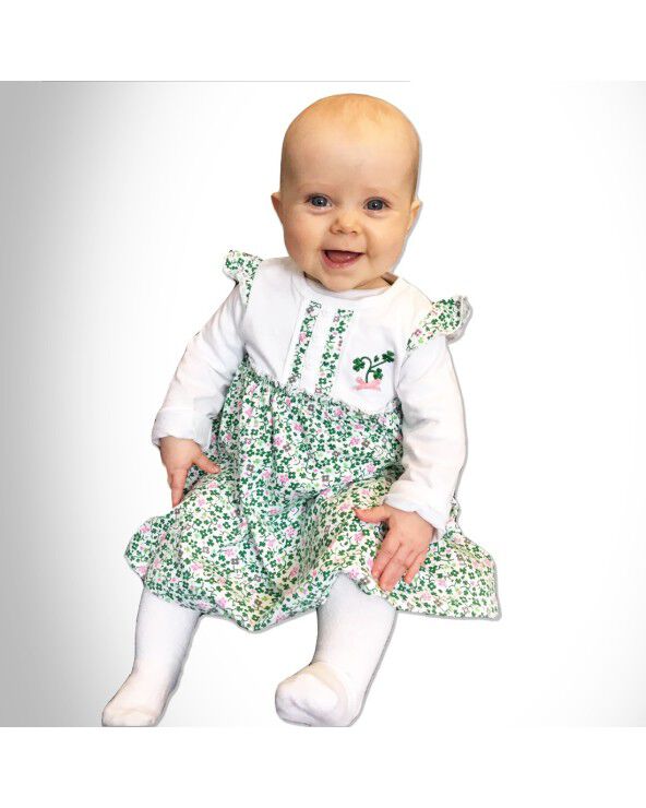 White Baby Dress With Shamrock & flowers Design
