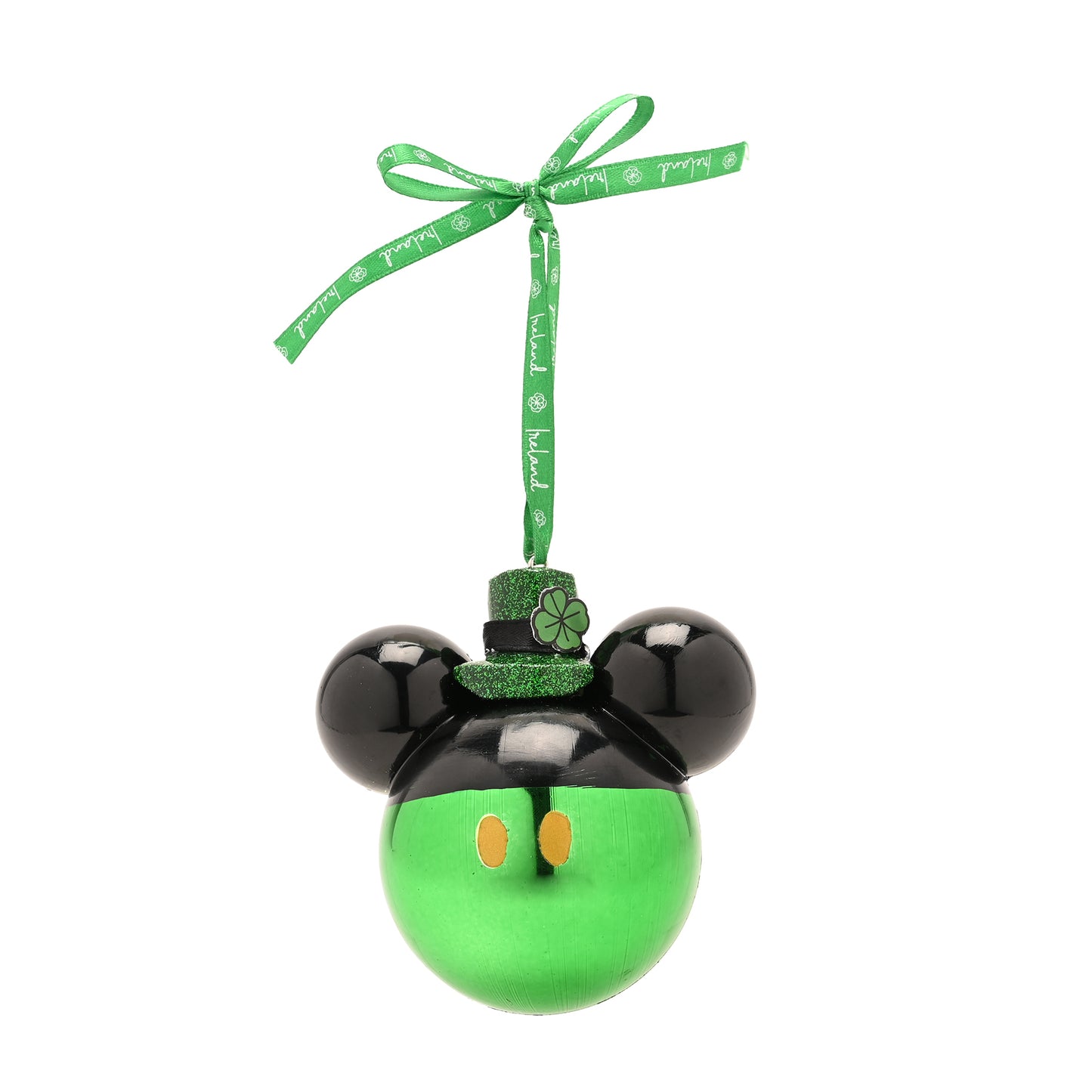 Mickey Mouse shaped head Christmas ornament with black ears and a green face hanging by a green ribbon
