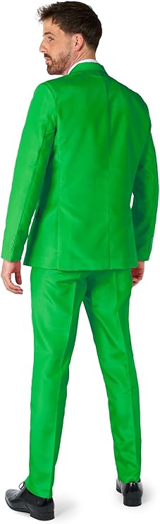 Man wearing a bright green suit viewed from the back