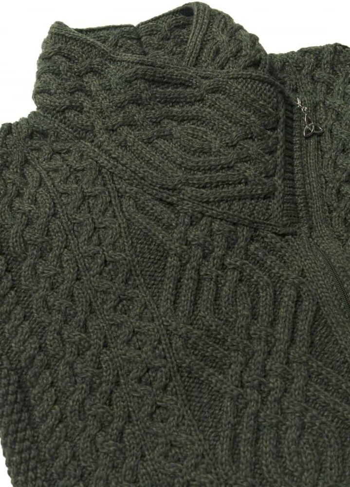 Ladies Aran Cable Knit Side Zip Green Cardigan