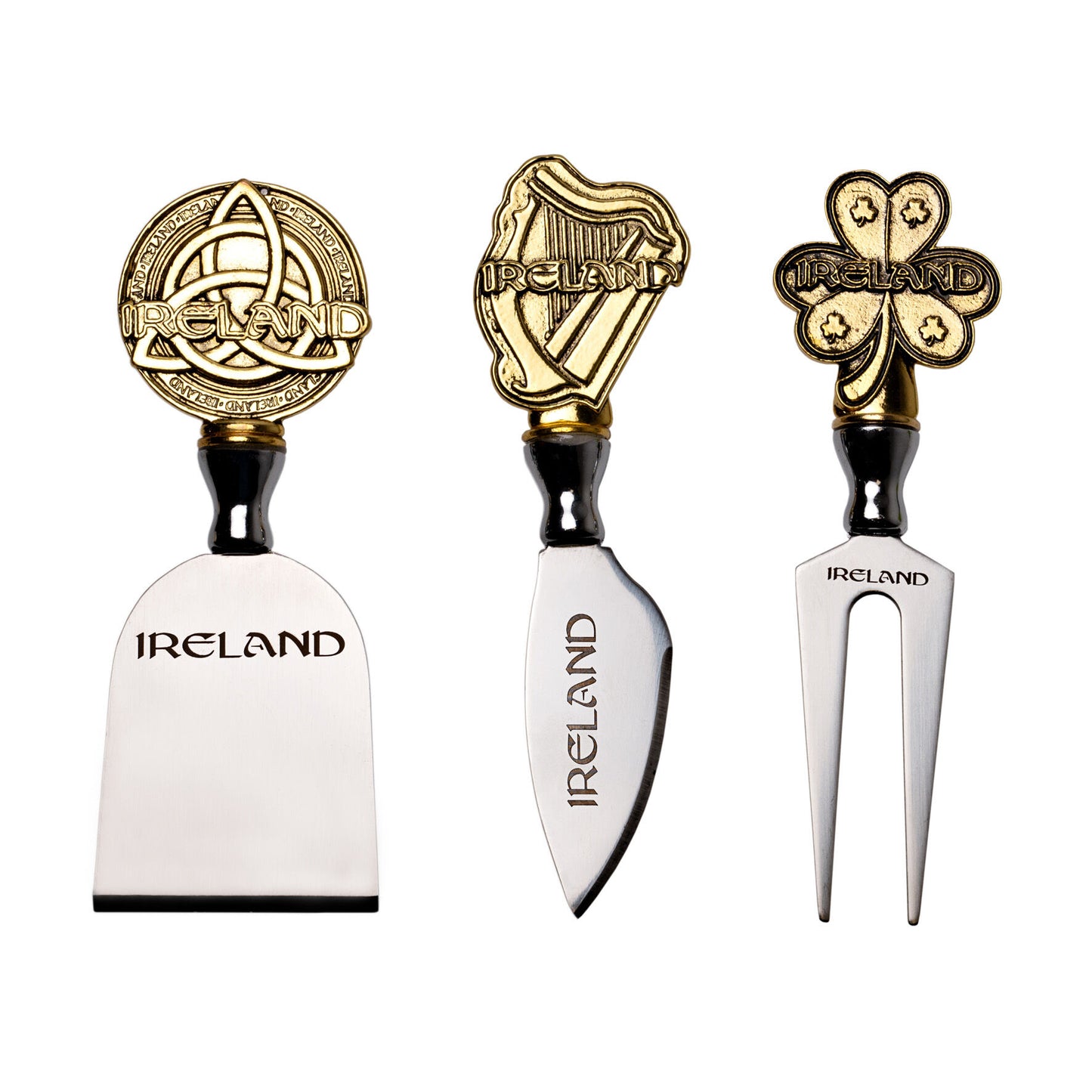 Celtic Ireland Designed 3 Pack of Cheese Knives Shamrock Harp & Trinity Knot Design
