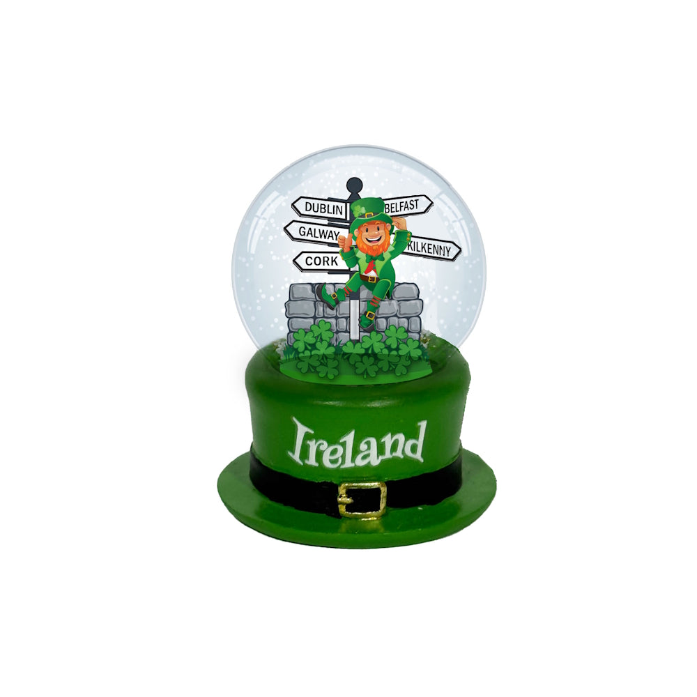 Snow globe with a leprechaun, shamrocks, and directional signs inside