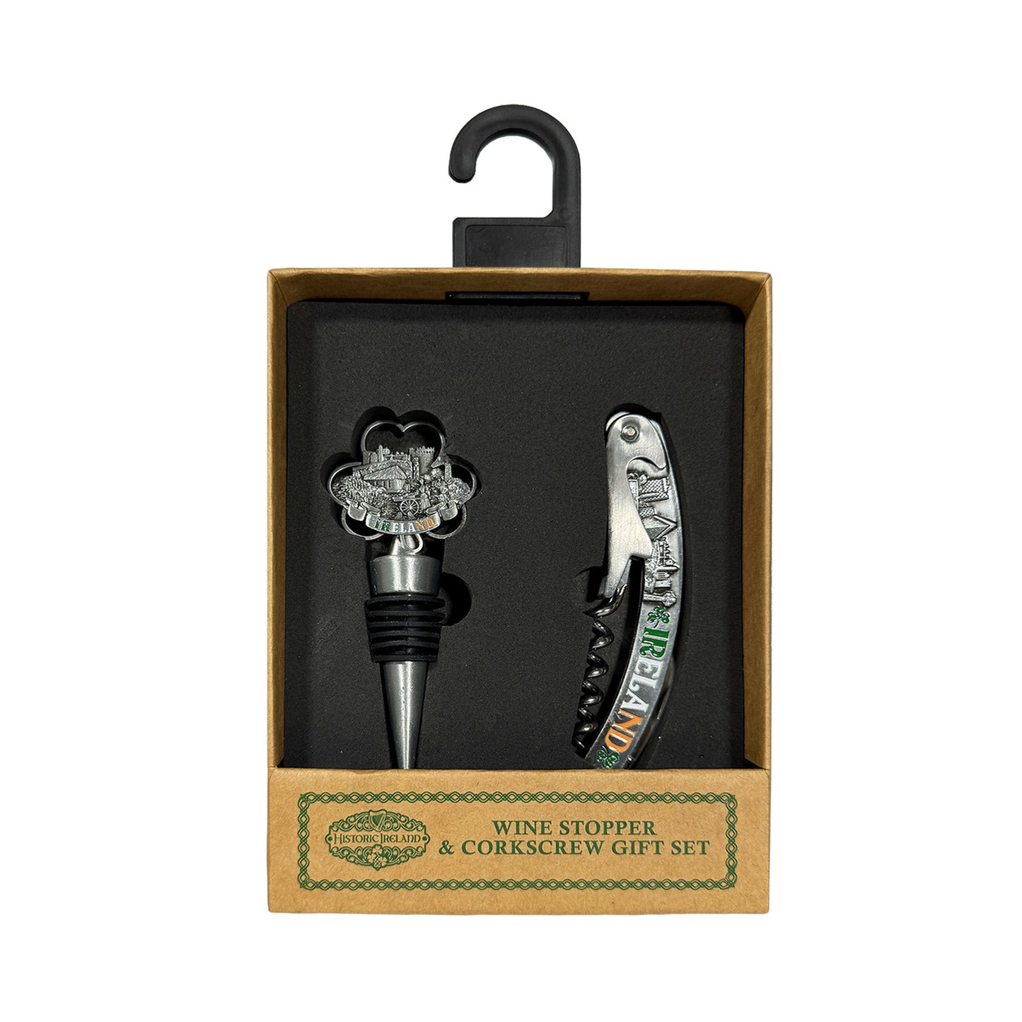 Wine stopper and corkscrew gift set in a brown box with a flower shaped stopper and a curved corkscrew
