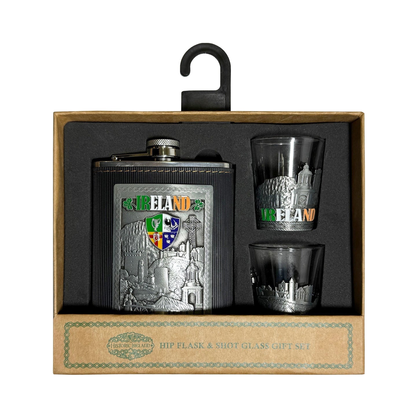 Hip flask with embossed Irish crest and cityscape, paired with two metal shot glasses in a brown gift box.