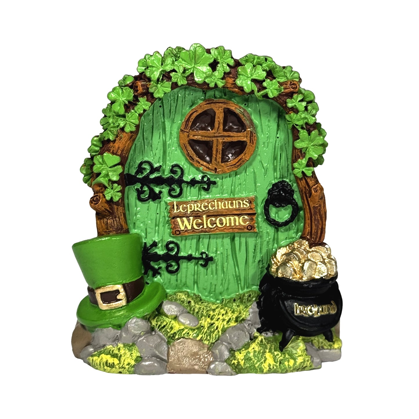 Green round door with shamrocks, leprechaun hat, and pot of gold