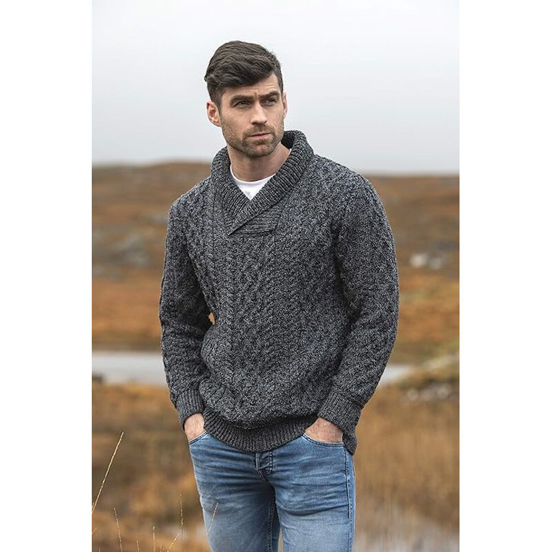 Men's Shawl Collar Aran Charcoal Jumper
