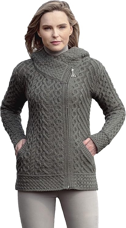 Women's Aran Knit Side Zip Grey Cardigan