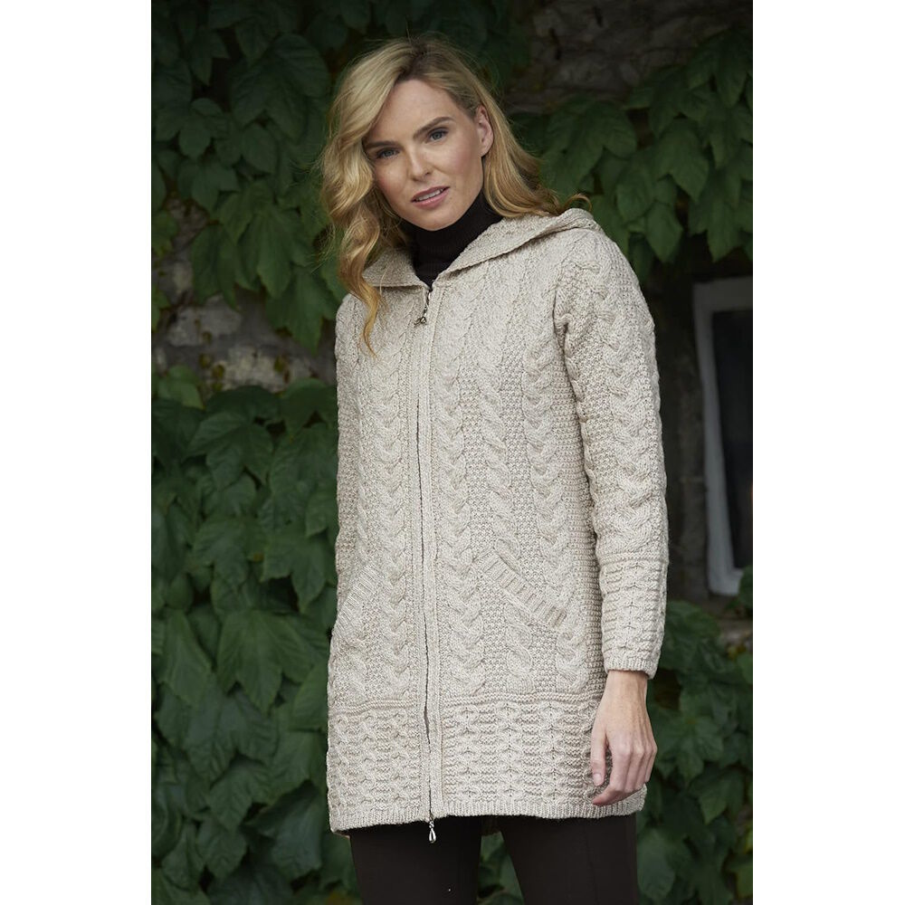 Ladies Irish Cable Knitted Hooded Parsnip Coat
