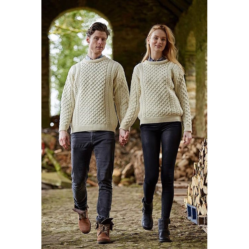 Unisex Irish Cable Knitted Crew Neck Natural Jumper