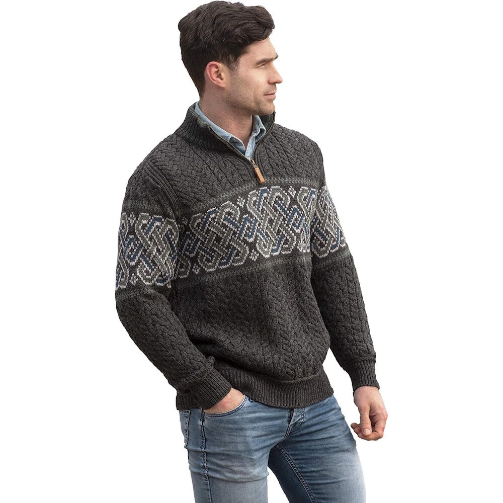 Men's Half Zip Aran Jacquard Charcoal Celtic Jumper