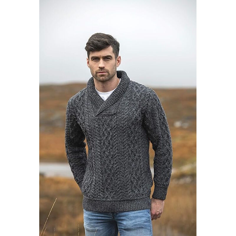 Men's Shawl Collar Aran Charcoal Jumper