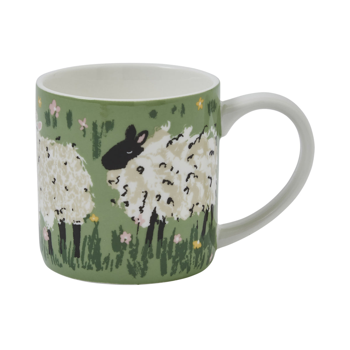 Green mug with white sheep and floral pattern around it