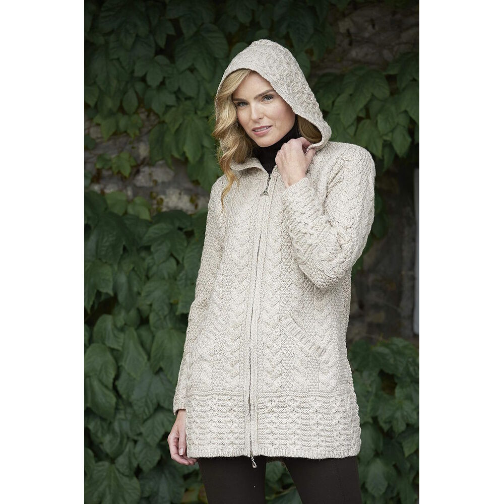 Ladies Irish Cable Knitted Hooded Parsnip Coat