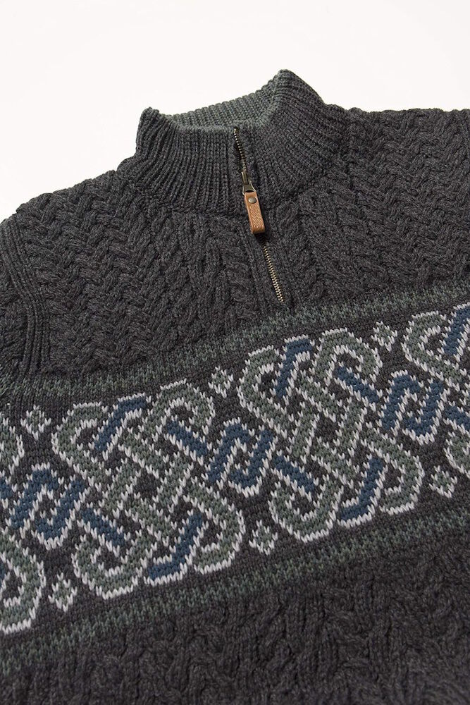 Men's Half Zip Aran Jacquard Charcoal Celtic Jumper