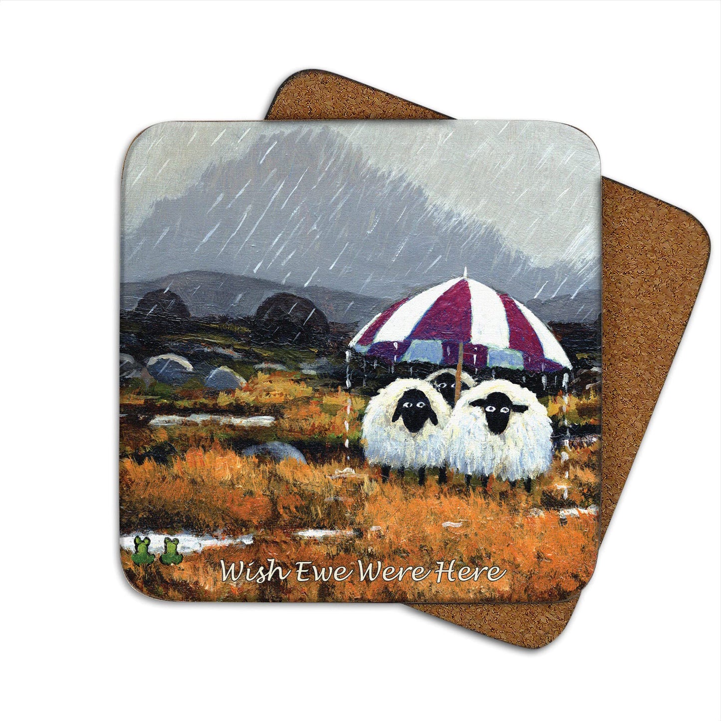Irish Coaster With Sheep Under Umbrella's & 'wish Ewe Were Here' Text