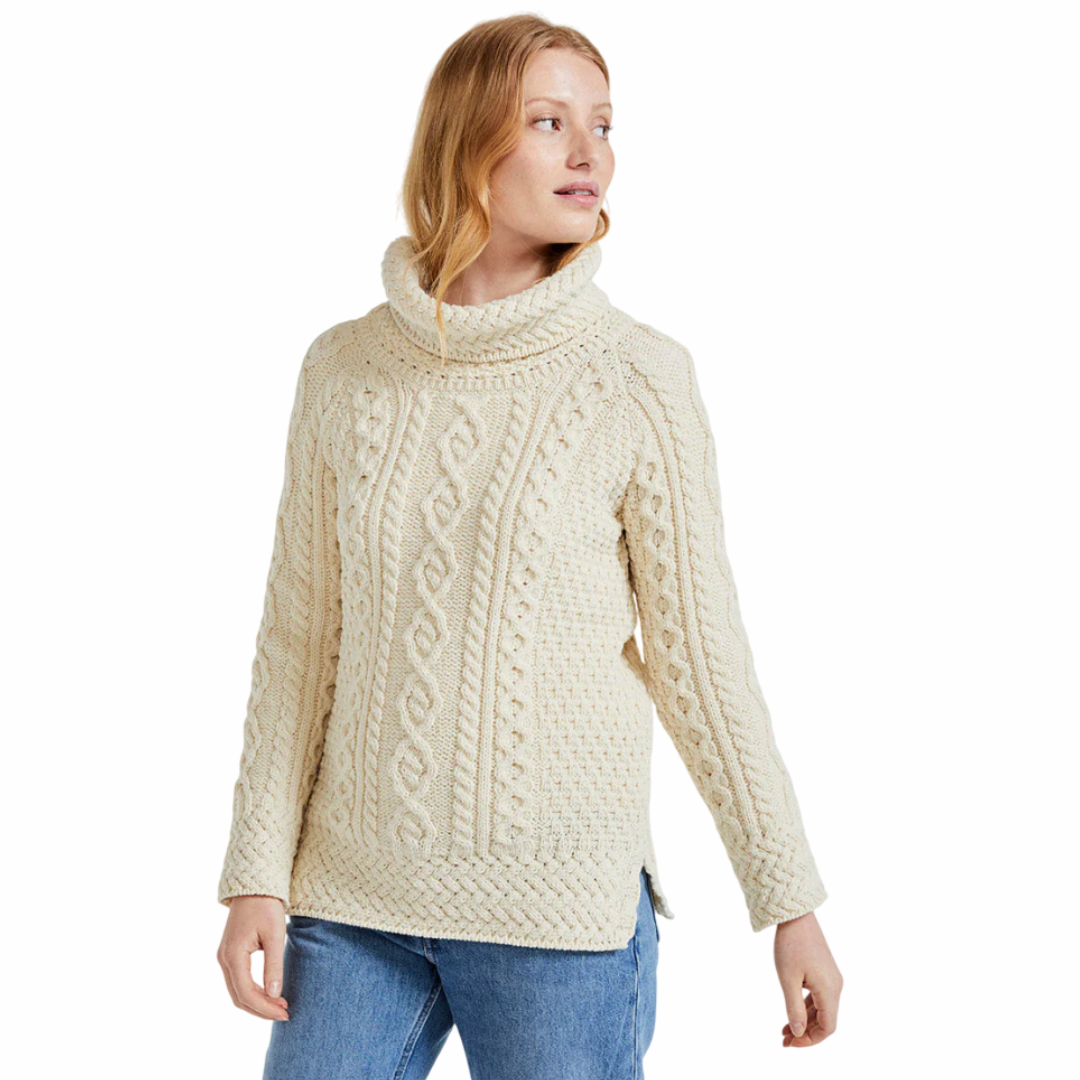 Ladies Vented Roll Neck Natural Tunic Jumper