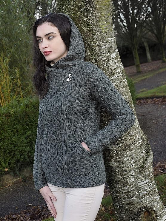 Women's Aran Knit Side Zip Grey Cardigan