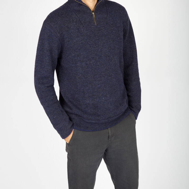 Men's Lambswool Half Zip Aran Navy Jumper