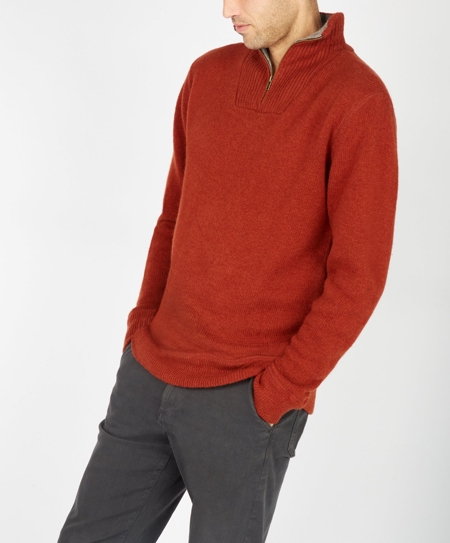 Men's Lambswool Half Zip Knit Russet Jumper