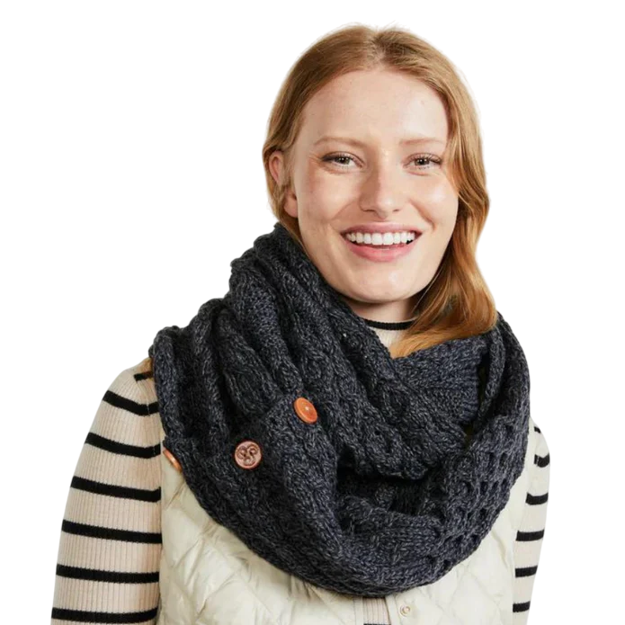Ladies Buttoned Aran Black Snood Scarf