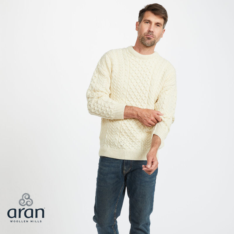 100% Natural Wool Crew Neck Traditional Aran Sweater White