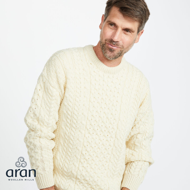 100% Natural Wool Crew Neck Traditional Aran Sweater White