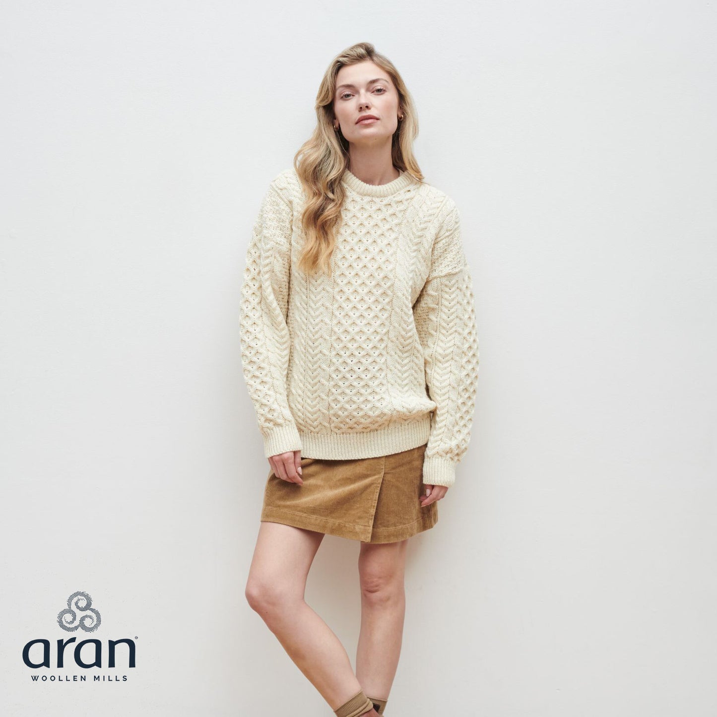 100% Natural Wool Crew Neck Traditional Aran Sweater White