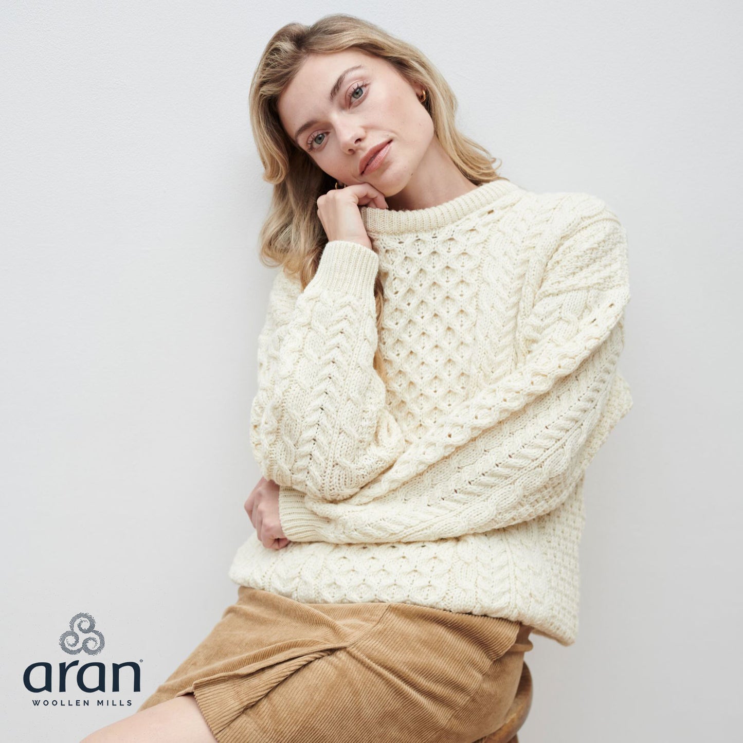 100% Natural Wool Crew Neck Traditional Aran Sweater White